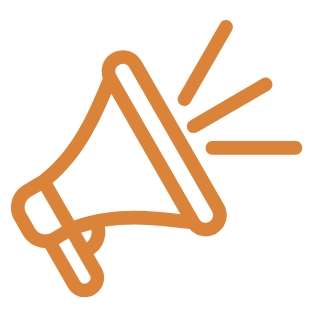 Orangefarbene Grafik: Megafon mit Griff; drei Linien rechts zeigen Schall.