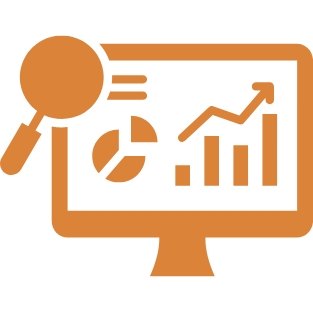 Orangefarbene Grafik: Monitor mit Kreisdiagramm, Balkendiagramm und ansteigender Linie; Lupe links davor.