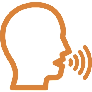 Orangefarbene Grafik: Kopf im Profil, aus dem Mund gehen drei gebogene Linien nach außen.