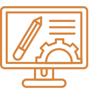 Orangefarbene Grafik: Monitor mit Stift, Zahnrad und drei Linien rechts.
