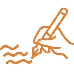 Orangefarbene Grafik: Hand hält Füllfederhalter und schreibt geschwungene Linien.