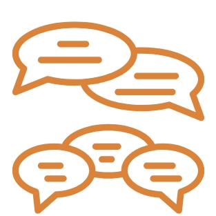 Orangefarbene Grafik: Mehrere Sprechblasen mit kurzen Linien als Text.