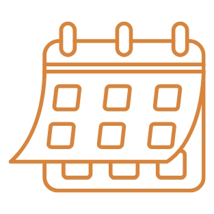 Orangefarbene Grafik: Kalenderblatt mit mehreren Datumsfeldern und Ringbindung oben.