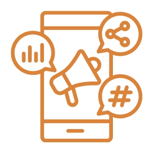 Orangefarbene Grafik: Smartphone mit Megafon, umgeben von Sprechblasen mit Diagramm, Netzwerkpunkten und Raute.