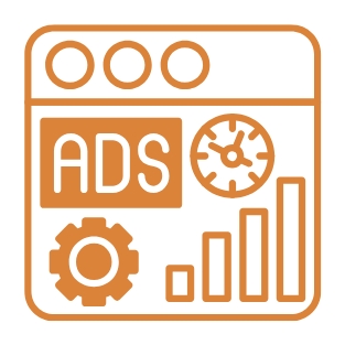 Orangefarbene Grafik: Fenster mit „ADS“, Zahnrad, Uhr und ansteigendem Balkendiagramm.