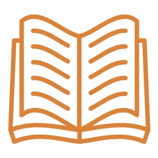 Orangefarbene Grafik: Aufgeschlagenes Buch mit mehreren geschwungenen Linien als Text.