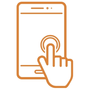 Orangefarbene Grafik: Smartphone, darauf Finger tippt auf Kreis-Symbol.