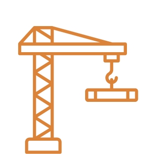 Orangefarbene Grafik: Kran mit Haken hebt rechteckiges Element.