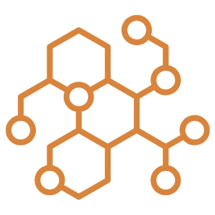 Orangefarbene Grafik: Verbundene Sechsecke und Kreise in netzartiger Struktur.