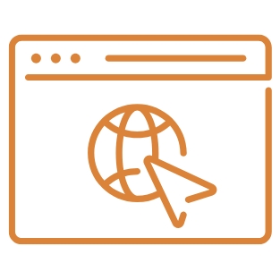 Orangefarbene Grafik: Browserfenster mit Globus-Symbol und Pfeilcursor darauf.