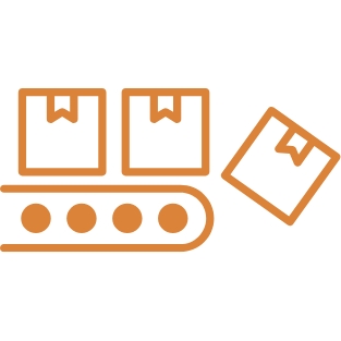 Orangefarbene Grafik: Förderband mit Punkten und drei Paketen, eines seitlich geneigt.