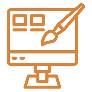 Orangefarbene Grafik: Monitor mit zwei Rechtecken und Linien, davor ein Pinsel.