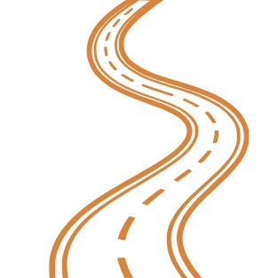 Orangefarbene Grafik: Geschwungene Straße mit gestrichelter Mittellinie.