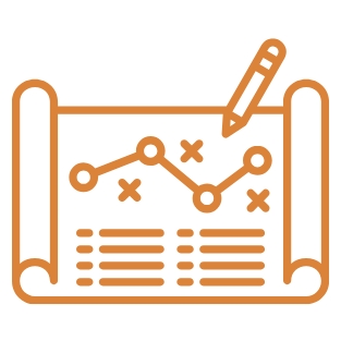 Orangefarbene Grafik: Plan mit Linien, Punkten und Kreuzen, darüber ein Stift.