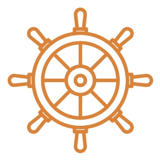 Orangefarbene Grafik: Steuerrad mit acht Griffen und kreisförmiger Mitte.