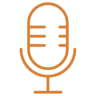 Orangefarbene Grafik: Mikrofon auf Ständer mit horizontalen Linien im Inneren.
