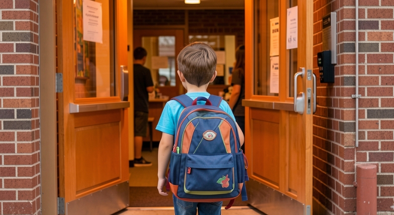 Kind mit Rucksack steht vor offener Tür eines Gebäudes; innen mehrere Personen sichtbar