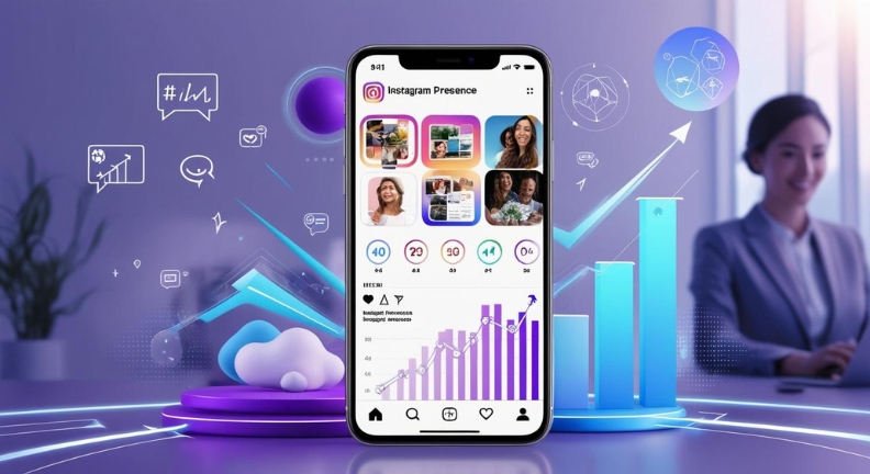Smartphone mit Social-Media-App und Diagrammen, umgeben von Grafikelementen; im Hintergrund Person am Laptop