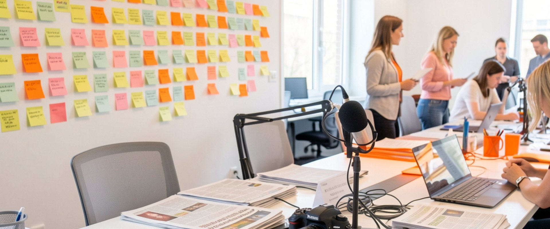 Schreibtisch mit Mikrofon, Laptop und Zeitungen; im Hintergrund mehrere Personen und Wand mit vielen bunten Notizzetteln