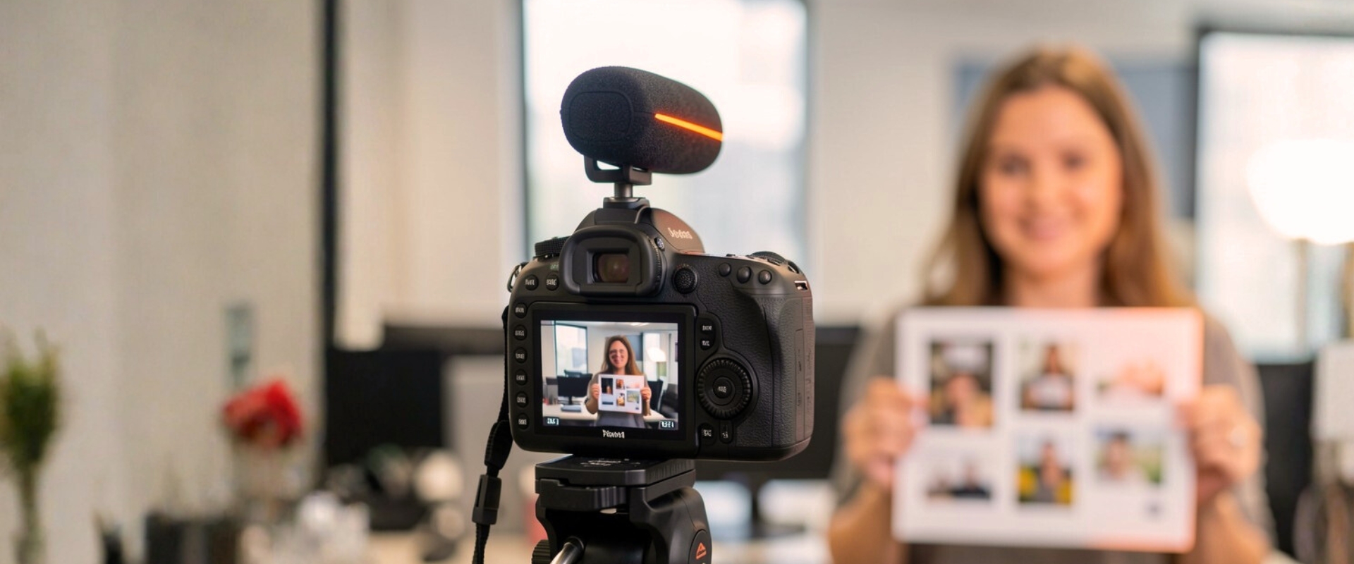 Schreibtisch mit Mikrofon, Laptop und Zeitungen; im Hintergrund mehrere Personen und Wand mit vielen bunten Notizzetteln Kamera mit Mikrofon auf Stativ; im Hintergrund Person mit Blatt mit mehreren Fotos, auf Kameradisplay sichtbar