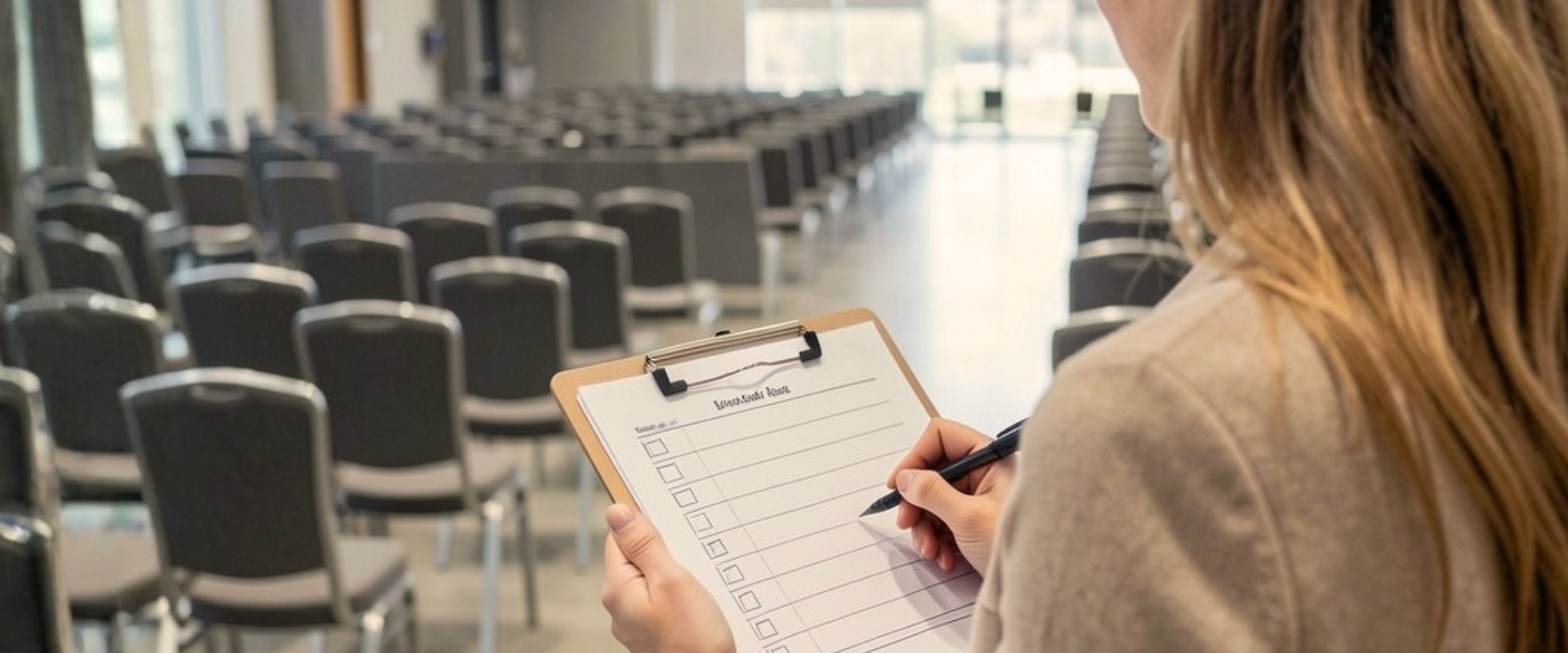 Person hält Klemmbrett mit Liste und Stift; davor viele leere Stuhlreihen in Raum