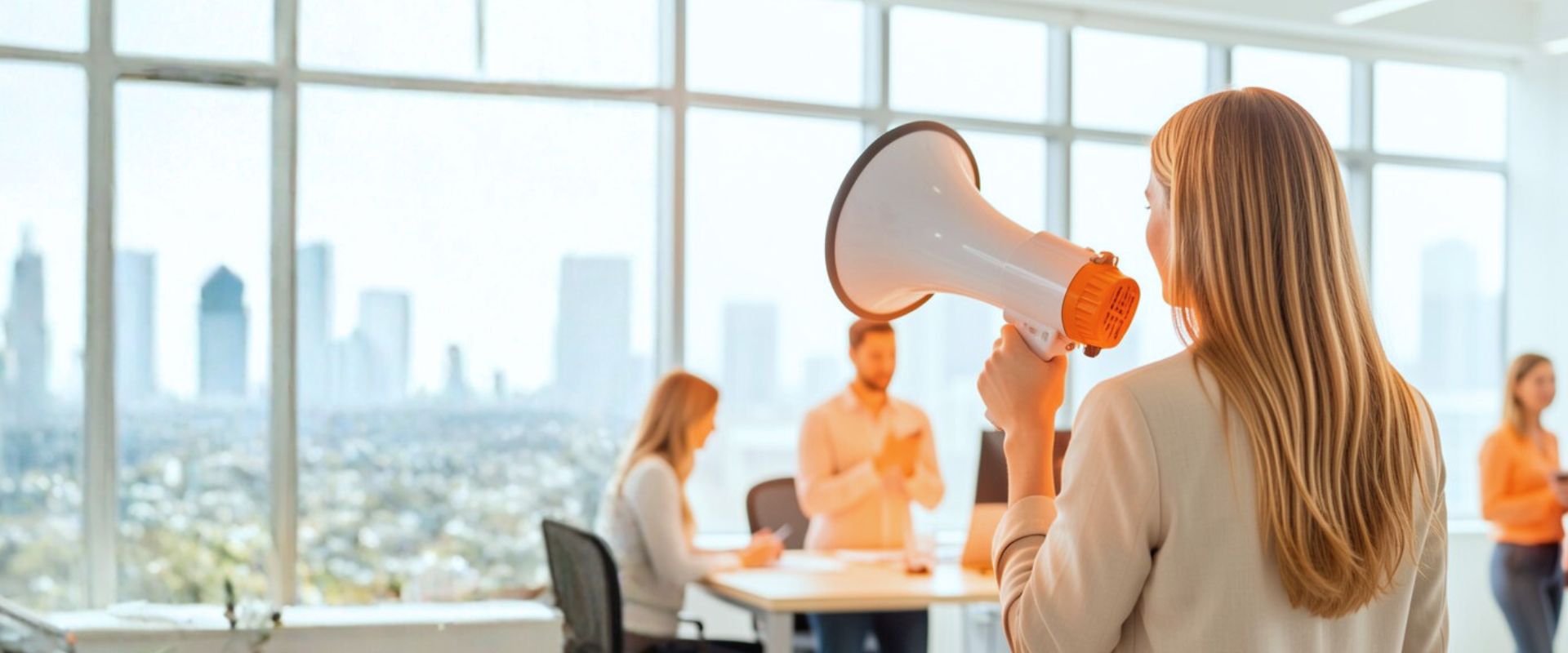 Person hält Megafon vor Mund; im Hintergrund drei Personen an Tisch vor großen Fenstern mit Stadtsilhouette
