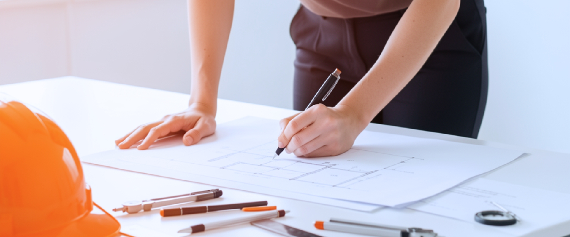 Person zeichnet mit Stift auf technischem Plan; daneben Stifte, Zirkel und orangefarbener Helm auf Tisch