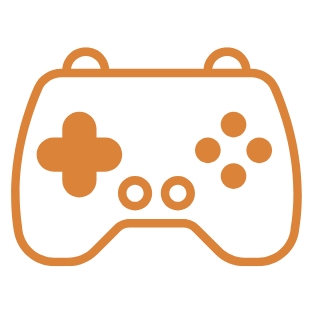 Orangefarbene Grafik: Spielcontroller mit Steuerkreuz, vier Tasten und zwei kleinen runden Tasten in der Mitte.