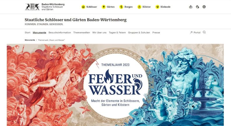 Screenshot einer Webseite von „Staatliche Schlösser und Gärten Baden-Württemberg“ mit Banner „Themenjahr 2023: Feuer und Wasser“ und Illustrationen in Rot und Blau